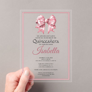 Elegante rosa Schleife Quinceanera 15. Geburtstag Acryleinladungen