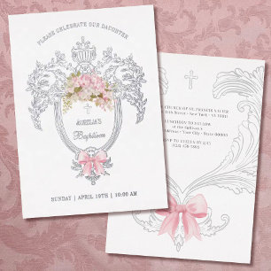 Elegante rosa Schleife Tauf Silber Folieneinladung