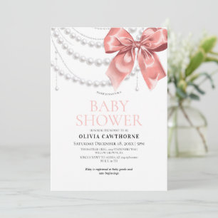 Elegante rosa Schleife und Perlen Baby Shower Einladung