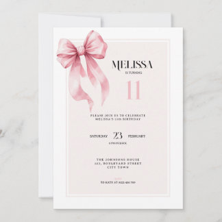 Elegante rosa Schleife zum 11. Geburtstag - Einlad Einladung