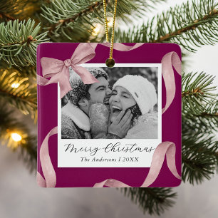 Elegante rosa Schleifen-Foto-Weihnachten Keramikornament