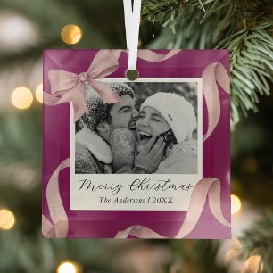 Elegante rosa Schleifen-Foto-Weihnachten Ornament Aus Glas