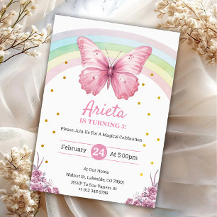 Elegante rosa Schmetterling-Geburtstagseinladung Einladung