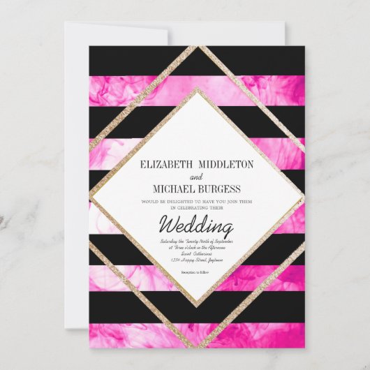 Elegante rosa Schwarz-weiße und kupferfarbene Hoch Einladung (Vorderseite)