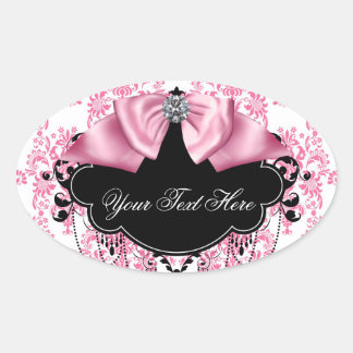 Elegante rosa schwarze Damaskaskleber Ovaler Aufkleber