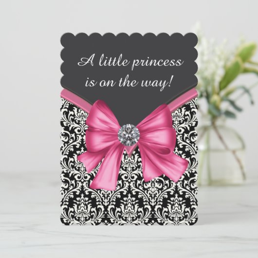 Elegante rosa schwarze Damaske Princess Babydusche Einladung (Stehend Vorderseite)