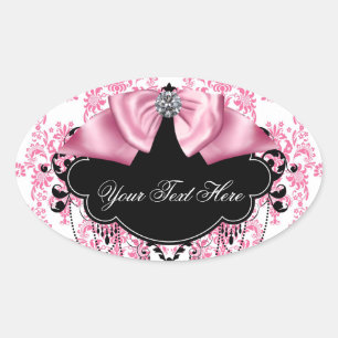 Elegante rosa-schwarze Damast-Aufkleber Ovaler Aufkleber