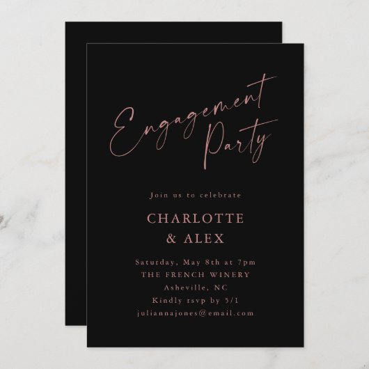 Elegante, rosa, schwarze Skriptbindungspartei Einladung (Vorne/Hinten)