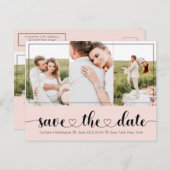 Elegante rosa Schwarzherztypografie Save the Date Ankündigungspostkarte (Vorne/Hinten)