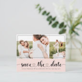 Elegante rosa Schwarzherztypografie Save the Date Ankündigungspostkarte (Stehend Vorderseite)