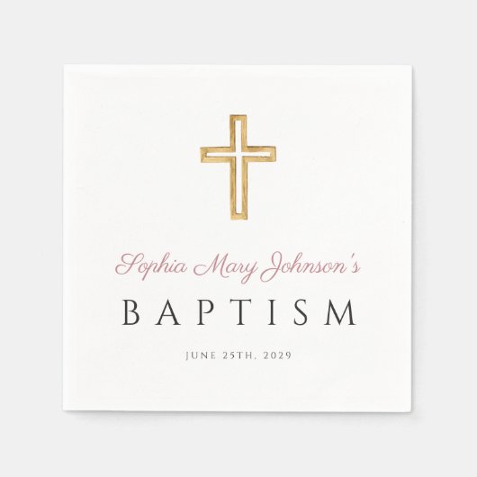 Elegante rosa Script religiöse Cross Girl Taufe Serviette (Vorderseite)