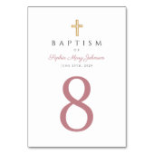 Elegante rosa Script religiöse Cross Girl Taufe Tischnummer (Vorderseite)