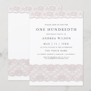 Elegante rosa Spitze 100. Geburtstags-Party-Einlad Einladung