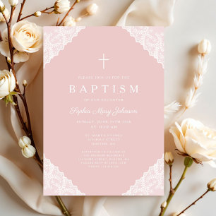 Elegante rosa Spitze Baby Mädchen Taufe Einladung