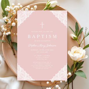 Elegante rosa Spitze Baby Mädchen Taufe Einladung