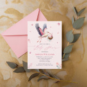 Elegante Rosa Stork Baby Dusche mit Schmetterlinge Einladung