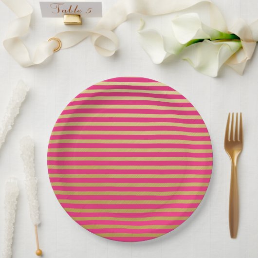 Elegante rosa Streifen Papier Teller (Hochzeit)