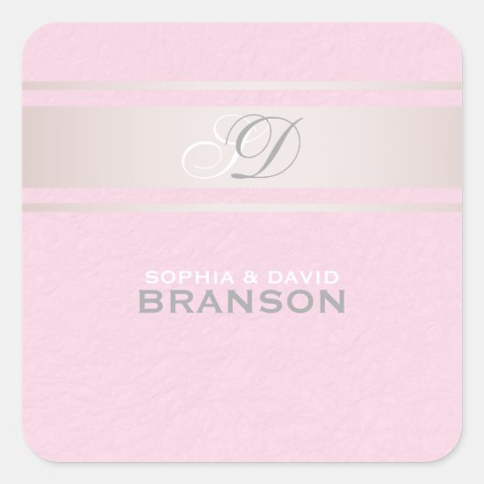 Elegante rosa Streifen Pink Textured Monogram Quadratischer Aufkleber (Vorderseite)