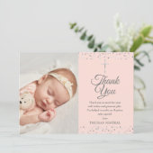 Elegante rosa Taufe Silberherz Foto Dankeskarte (Stehend Vorderseite)