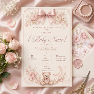 Elegante rosa Teddybär-Baby-Party Einladung
