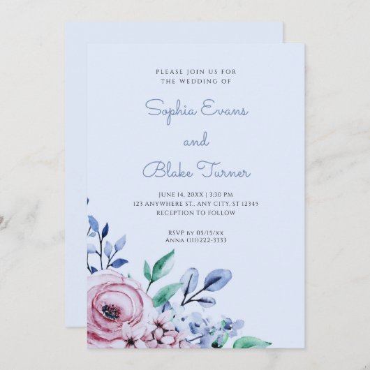 Elegante, rosa und blaue Blütenblauer Hochzeit Einladung (Vorne/Hinten)