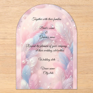 Elegante rosa und blaue Federn mit Perlen Hochzeit Acryleinladungen