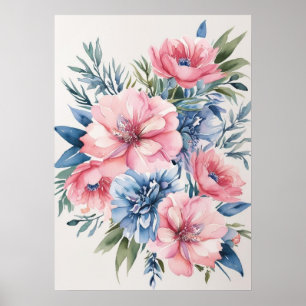 Elegante rosa und blaue Flora Kunst Poster