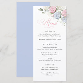 Elegante rosa und blaue Hortensien-Hochzeitsmenü Menükarte