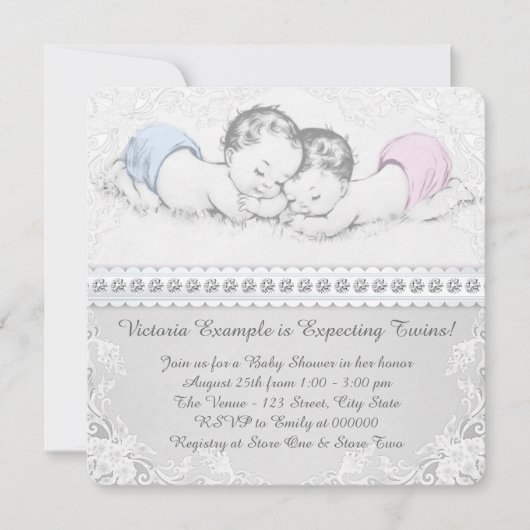 Elegante Rosa und Blue Twin Baby Dusche Einladung (Vorderseite)