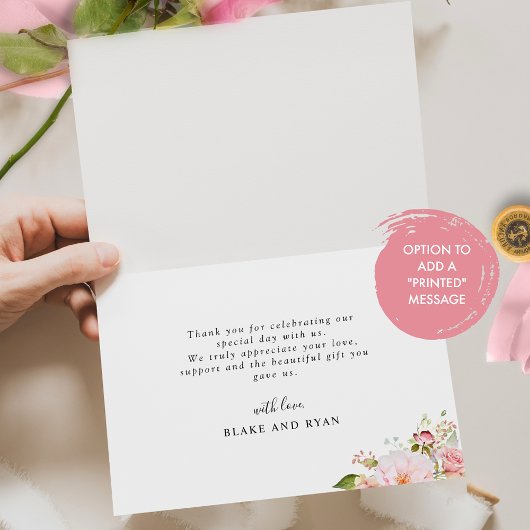 Elegante Rosa- und Blütenhochzeit Dankeskarte