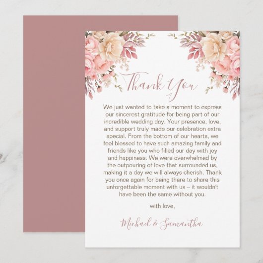 Elegante Rosa- und Elfenbeinhochzeit - Rose Dankeskarte (Vorne/Hinten)