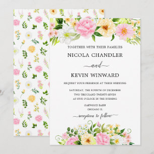Elegante rosa und gelbe florale Hochzeit Einladung
