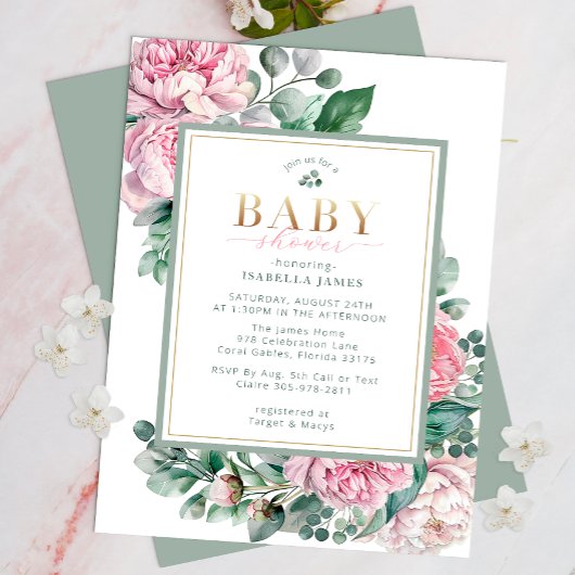 Elegante Rosa und Gold Floral Girl Baby Shower Inv Einladung