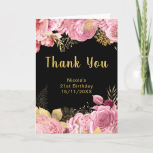 Elegante rosa und goldene Blumen Geburtstagsfeier Dankeskarte