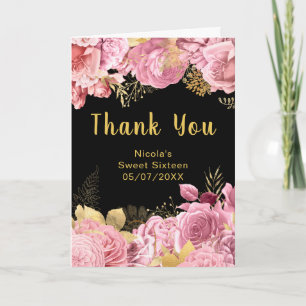 Elegante rosa und goldene Blumen Sweet Sixteen Dankeskarte