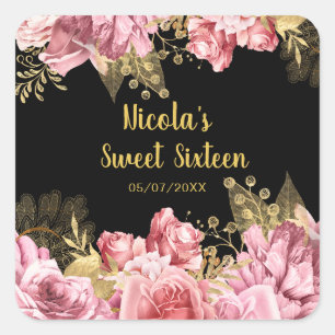 Elegante rosa und goldene Blumen Sweet Sixteen  Quadratischer Aufkleber