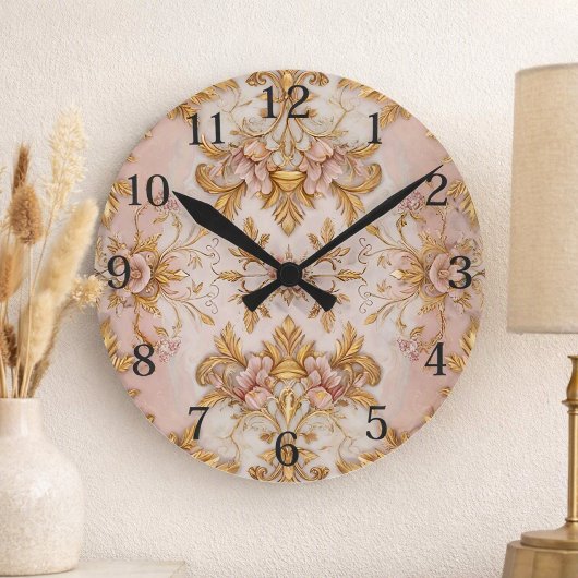 Elegante rosa und goldene Blumenuhr Runde Wanduhr
