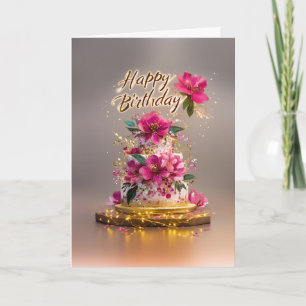 Elegante rosa und goldene florale Geburtstagstorte Karte