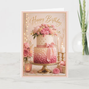 Elegante rosa und goldene Rüschen-Blumen-Geburtsta Karte