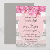 Elegante, rosa und graue, florale Hochzeit Einladung (Vorne/Hinten)