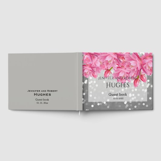 Elegante, rosa und graue, florale Hochzeit Gästebuch (Voll)