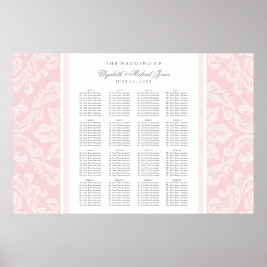 Elegante Rosa und Gray Damask Hochzeitssitze Poster (Vorne)