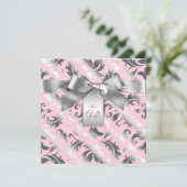 Elegante Rosa und Gray Damask Kinderdusche Einladung (Stehend Vorderseite)