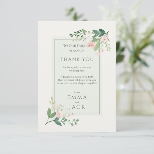 Elegante rosa und grüne blumenreiche Hochzeit Viel Dankeskarte (Stehend Vorderseite)