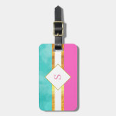 Elegante rosa und grüne Streifen mit Monogramm Gepäckanhänger (Vorderseite vertikal)