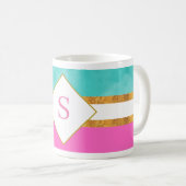 Elegante rosa und grüne Streifen mit Monogramm Kaffeetasse (VorderseiteRechts)