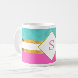 Elegante rosa und grüne Streifen mit Monogramm Kaffeetasse