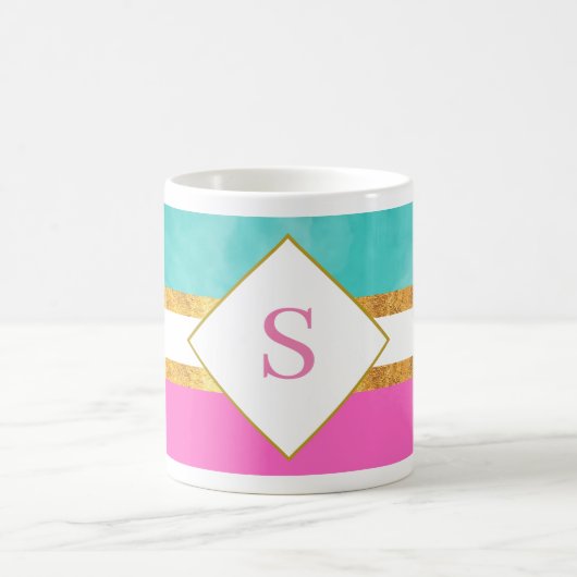 Elegante rosa und grüne Streifen mit Monogramm Kaffeetasse (Mittel)