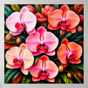 Elegante rosa und orange Orchideenblumenanordnung Poster