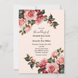 Elegante rosa und rote Rosen Blumenhochzeit Einladung
